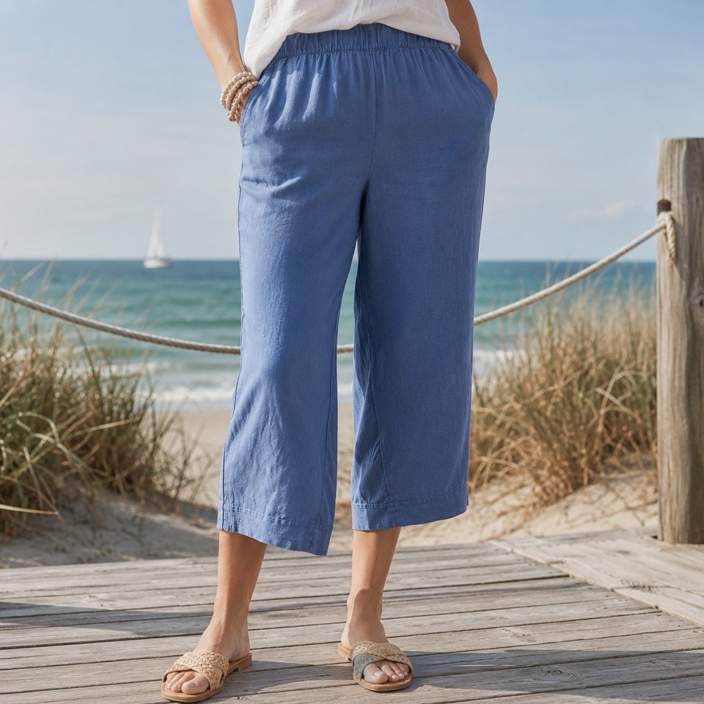 NEW Pure Jill 100% Linen Blue Crop Pull on Pants Pockets Coastal Resort 2X